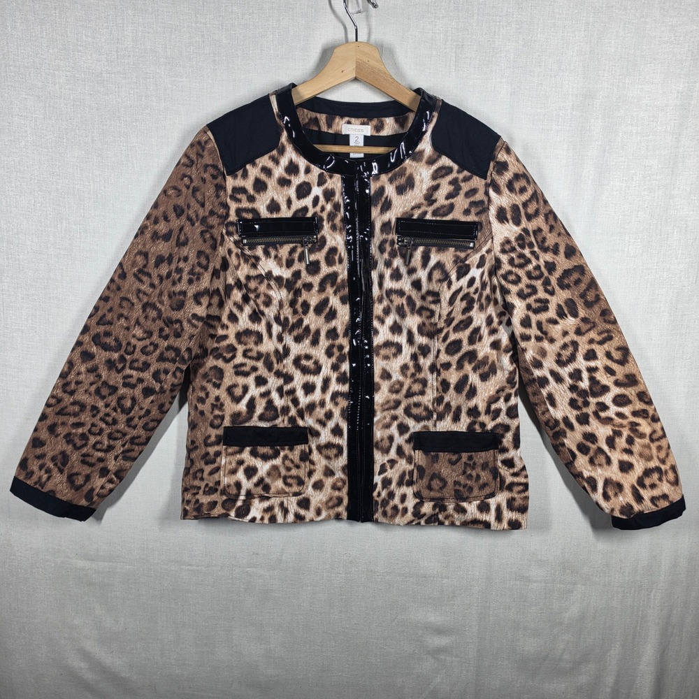 Chicos Jacket Womens 2 Large Leopard Animal Print Edgy Layering Hook Eye